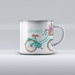   Egyedi névre szóló zománcozott bögre - Bicikli színes virágokkal