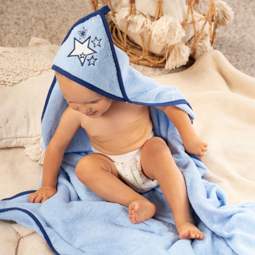 Baba kapucnis törölköző, kifogó 100×100 cm – Kék csillagok