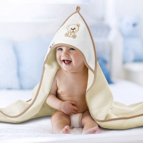 Baba kapucnis törölköző 100×100 cm – Ekrü/Maci