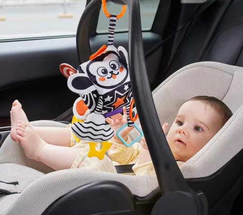 Kontrasztos puha textil activity kocka játék rágókával - babakocsira, kiságyra, autósülésre - Tumama