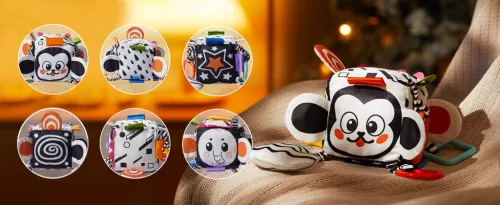 Kontrasztos puha textil activity kocka játék rágókával - babakocsira, kiságyra, autósülésre - Tumama