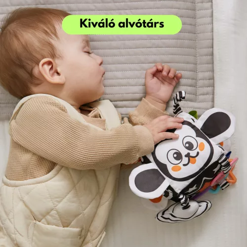 Kontrasztos puha textil activity kocka játék rágókával - babakocsira, kiságyra, autósülésre - Tumama