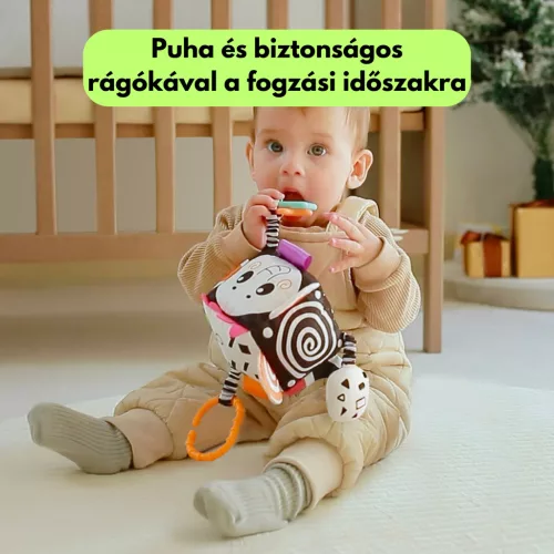 Kontrasztos puha textil activity kocka játék rágókával - babakocsira, kiságyra, autósülésre - Tumama
