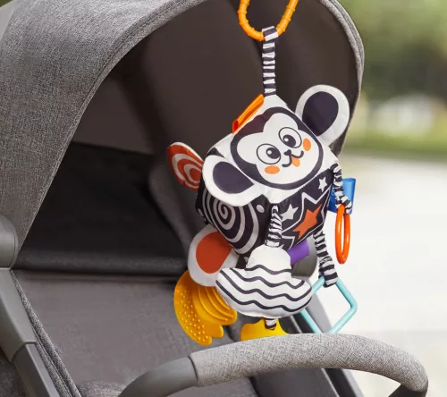 Kontrasztos puha textil activity kocka játék rágókával - babakocsira, kiságyra, autósülésre - Tumama