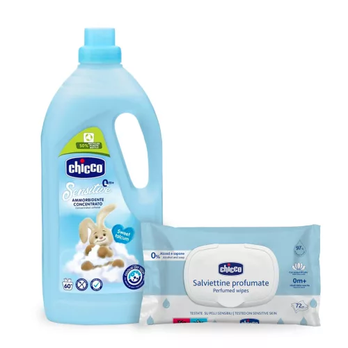 Chicco öblítő koncentrátum 1,5 liter Sweet Talcum púder illat + Ajándék 72 db-os Chicco nedves törlőkendővel