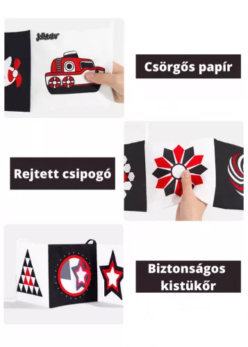 Kontrasztos fekete-fehér-piros textil babakönyv