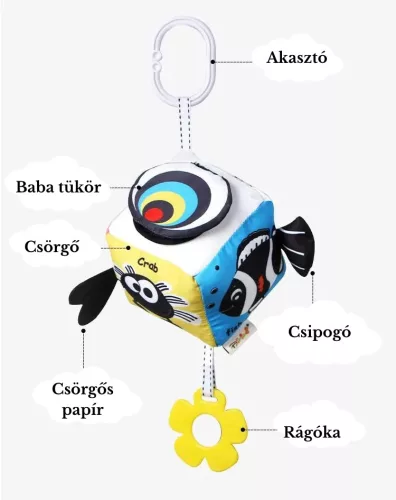 Kontrasztos puha textil kocka játék - babakocsira, kiságyra, autósülésre