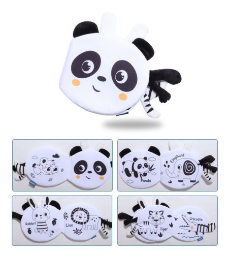 Kontrasztos fekete-fehér-színes lapozható textil farkincás babakönyv - első könyvem - Panda, Róka, Bagoly