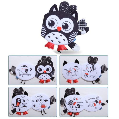 Kontrasztos fekete-fehér-színes lapozható textil farkincás babakönyv - első könyvem - Panda, Róka, Bagoly