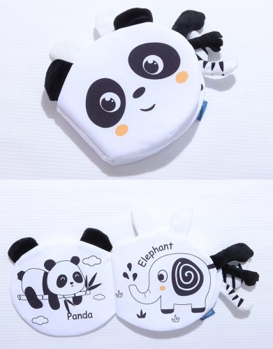 Kontrasztos fekete-fehér-színes lapozható textil farkincás babakönyv - első könyvem - Panda, Róka, Bagoly