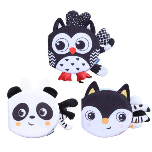 Kontrasztos fekete-fehér-színes lapozható textil farkincás babakönyv - első könyvem - Panda, Róka, Bagoly