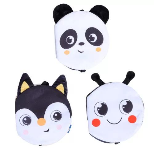 Kontrasztos fekete-fehér kihajtható textil babakönyv - első könyvem - Panda, Róka, Méhecske