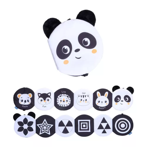 Kontrasztos fekete-fehér kihajtható textil babakönyv - első könyvem - Panda, Róka, Méhecske