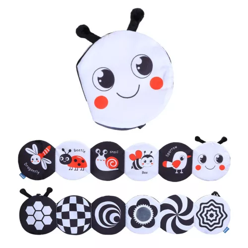 Kontrasztos fekete-fehér kihajtható textil babakönyv - első könyvem - Panda, Róka, Méhecske