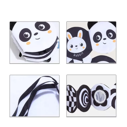 Kontrasztos fekete-fehér kihajtható textil babakönyv - első könyvem - Panda, Róka, Méhecske