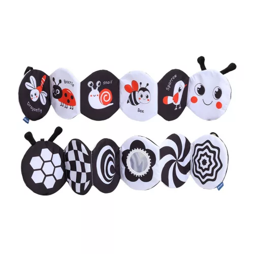 Kontrasztos fekete-fehér kihajtható textil babakönyv - első könyvem - Panda, Róka, Méhecske