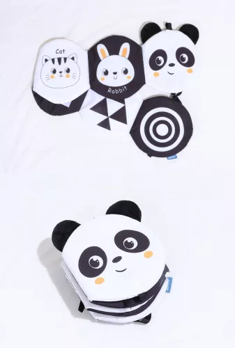 Kontrasztos fekete-fehér kihajtható textil babakönyv - első könyvem - Panda, Róka, Méhecske