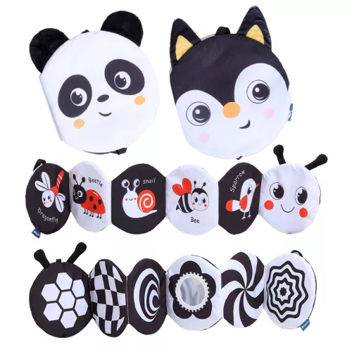 Kontrasztos fekete-fehér kihajtható textil babakönyv - első könyvem - Panda, Róka, Méhecske